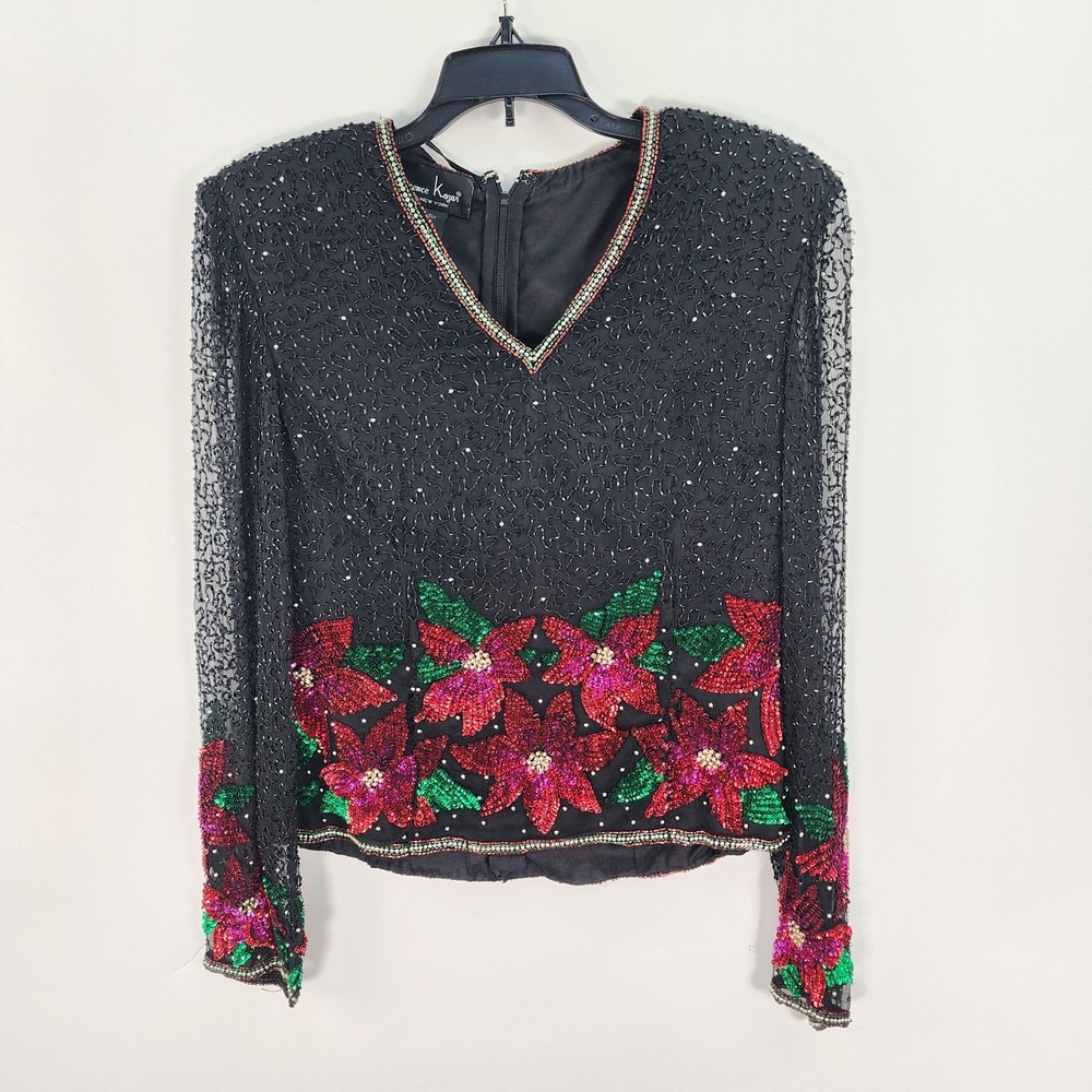 Laurence Kazar Embellished Top Women's S Black Poinsettia Silk Holiday Beaded